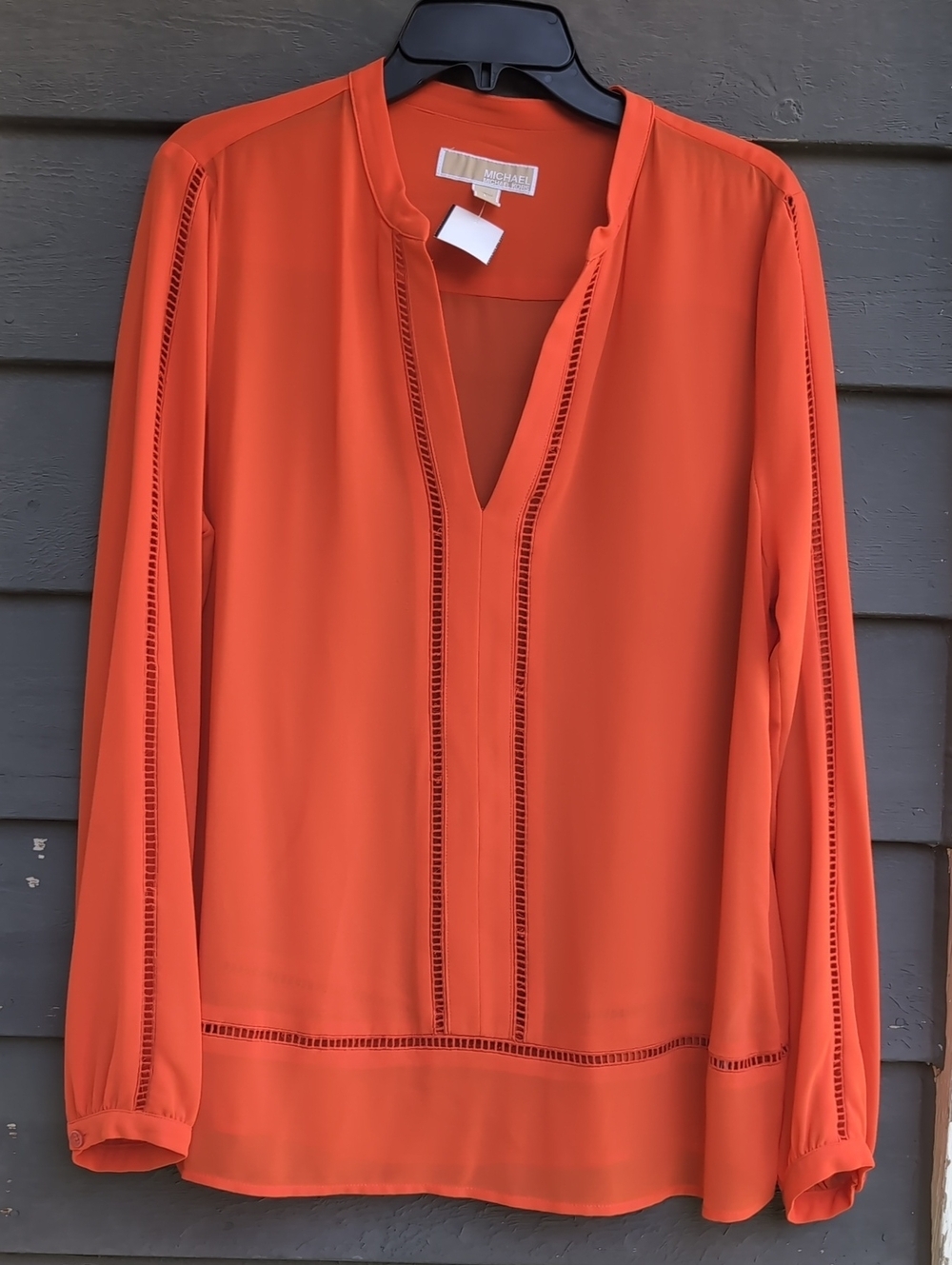 Michael Kors Classic Orange V-Neck Long Sleeve Blouse Size Large